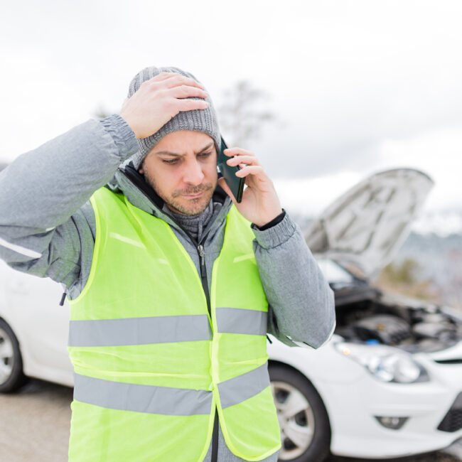 Stressed Man In Reflective Vest Calling Road Assistance Service