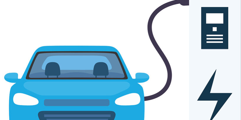 Blue Electric Car Charging, Front View. Electric Car Charging St