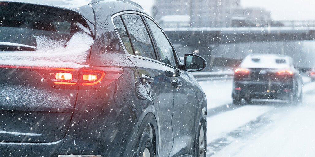Scenic View Snow Covered City Highway Slippery Road Drive Cars M